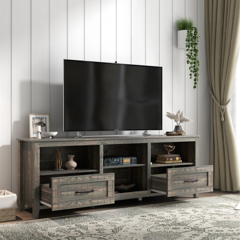 70 Inch Black Pine TV Cabinet Suitable For Living Room And Bedroom Equipped With 2 Drawers And 4 Large Storage Compartments